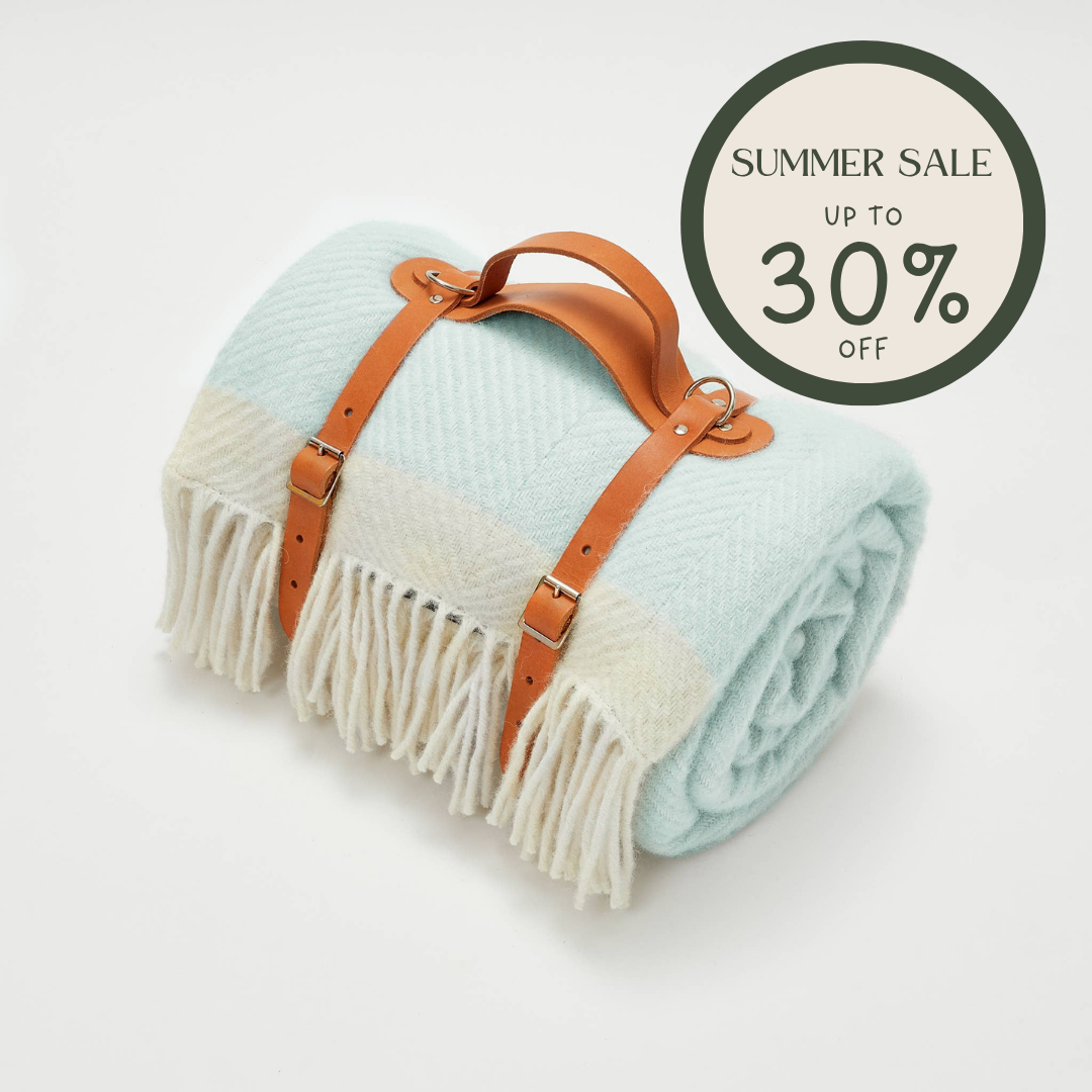 Light Duck Egg Blue Herringbone 100% Wool Picnic Blanket
