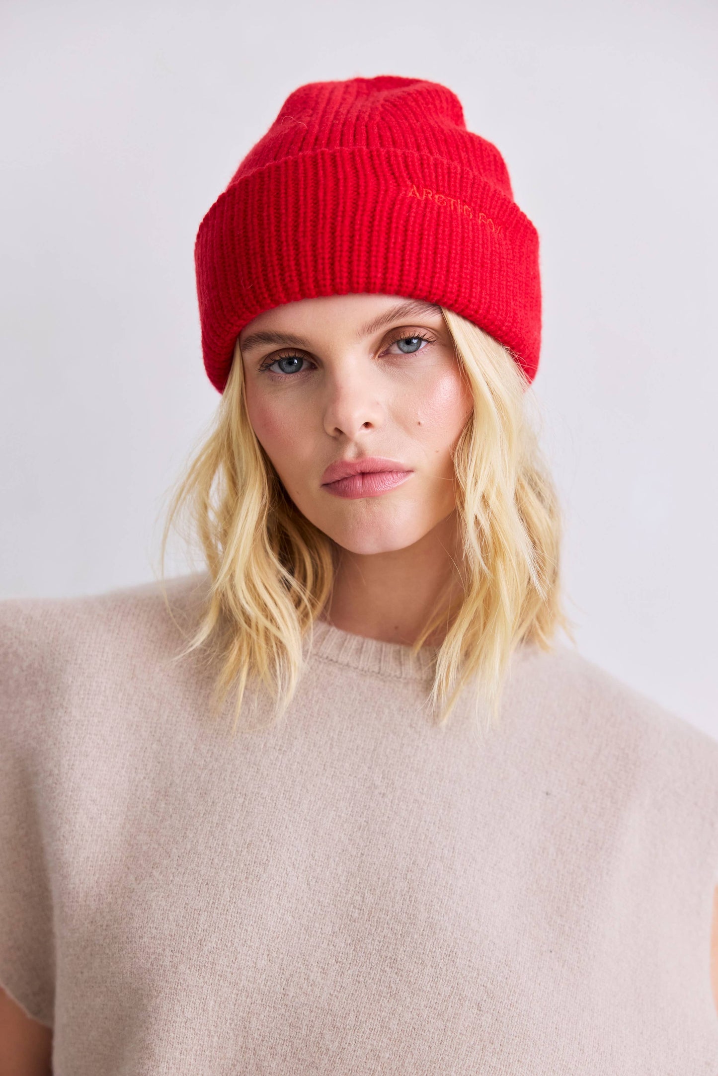 Flame Red Merino Wool Embroidered Beanie