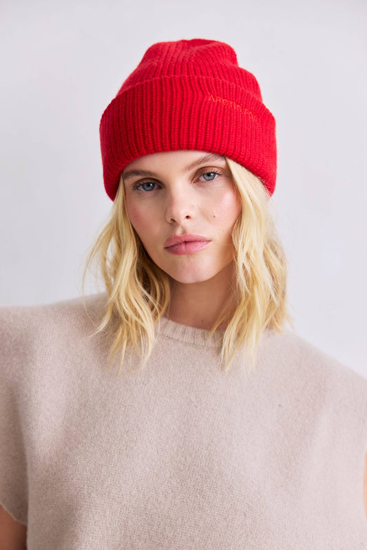 Flame Red Merino Wool Embroidered Beanie
