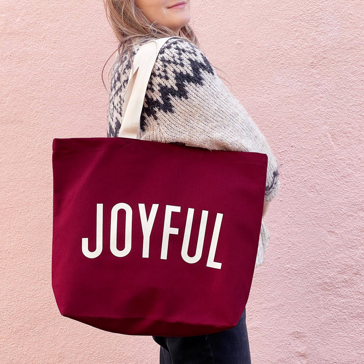 Joyful - Burgundy Canvas Tote Bag