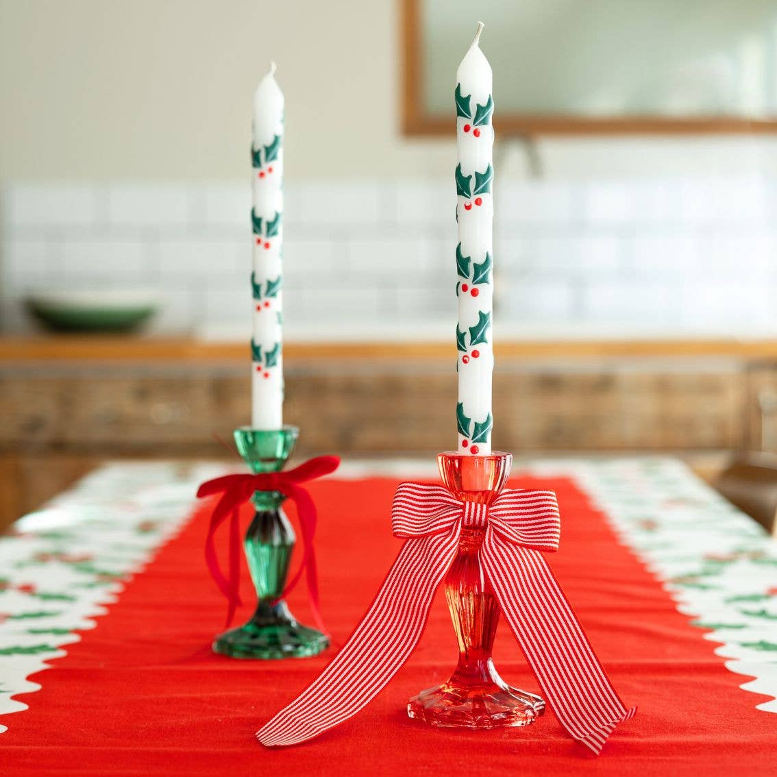 Holly Christmas Taper Dinner Candles