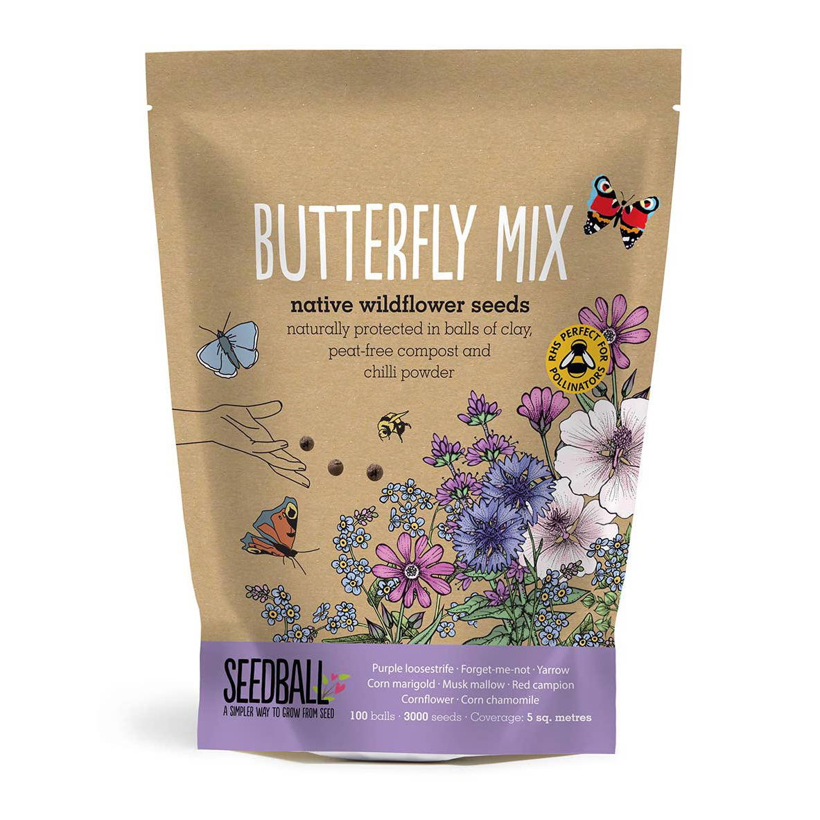 Package of Seedball Butterfly Mix native wildflower seeds with illustrations of butterflies and flowers on a brown background.