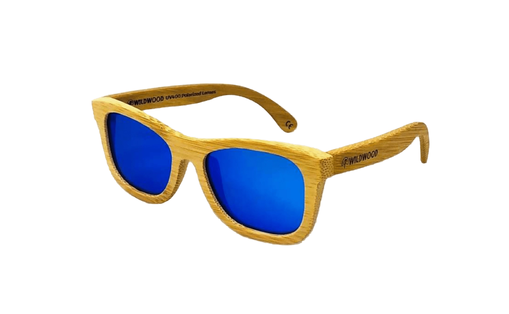 Sunglasses with bamboo frame and blue lenses