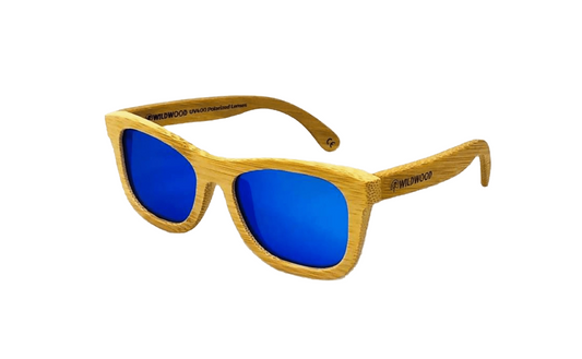 Sunglasses with bamboo frame and blue lenses