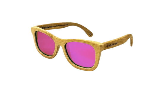 Sunglasses with bamboo frame and pink lenses