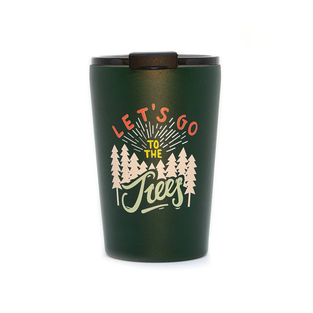 Green tumbler with 'Let's Go to the Trees' design on a white background
