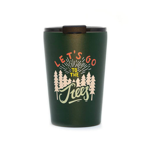 Green tumbler with 'Let's Go to the Trees' design on a white background