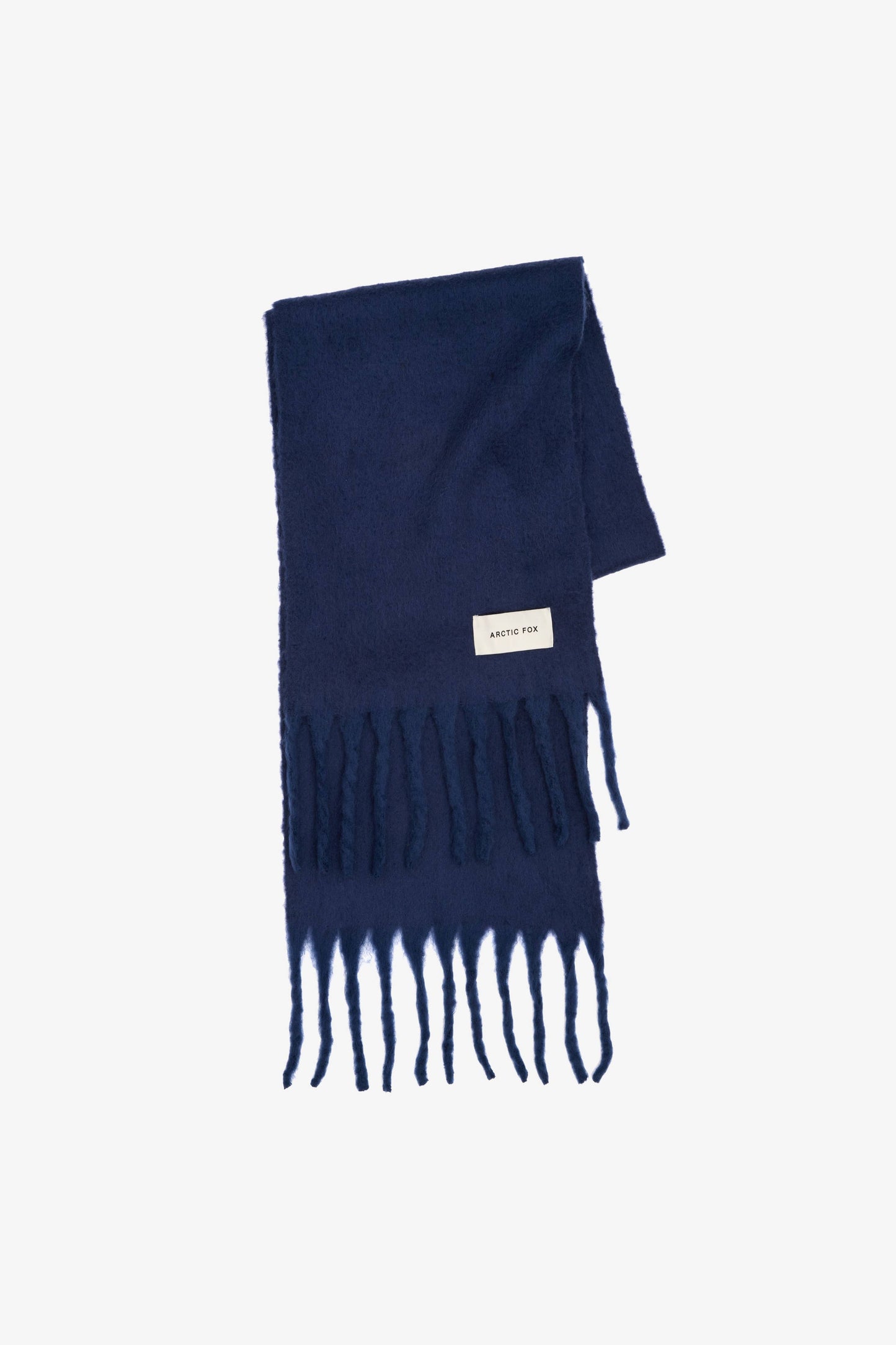 Navy blue scarf with fringes on a white background